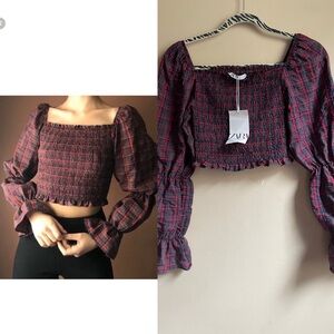 NEW Zara milkmaid smocked puff sleeve crop top in plaid size S